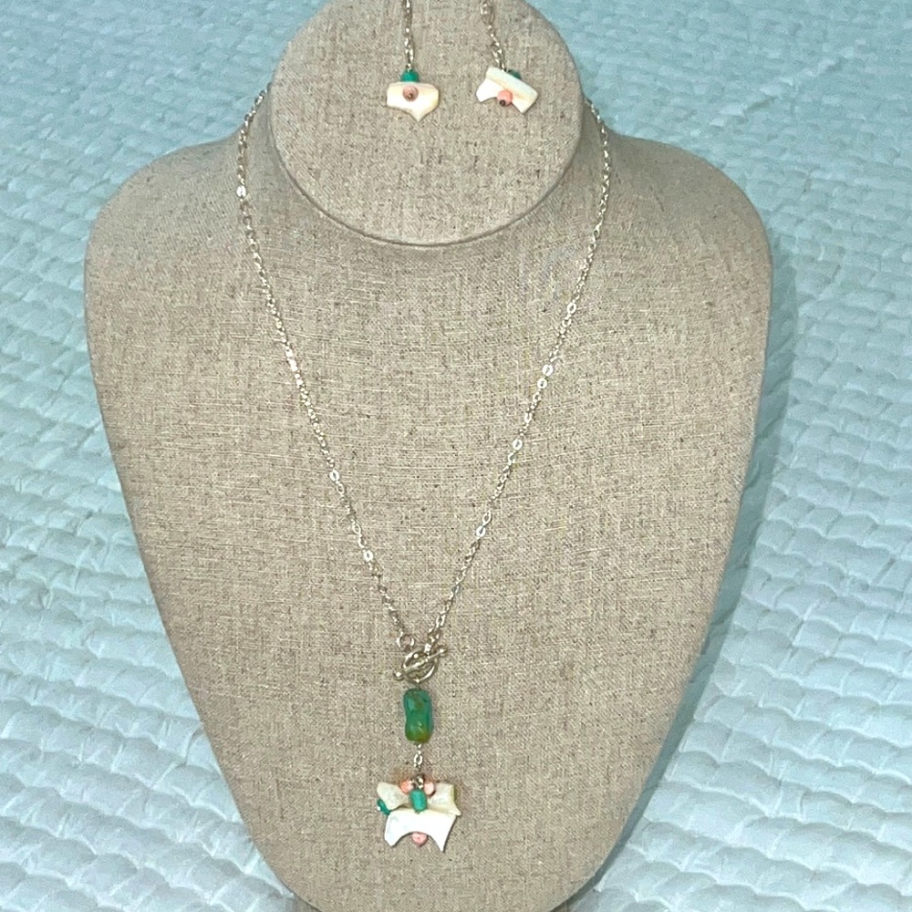 Hand-Crafted
Turquoise, Coral & Mother of Pearl Necklace & Earrings